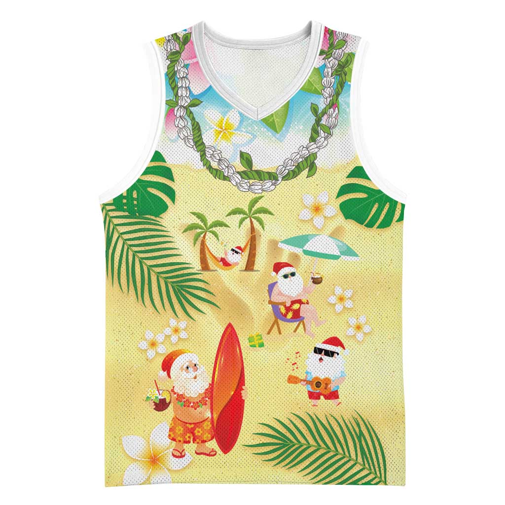 Hawaiian Mele Kalikimaka Basketball Jersey Tropical Plumeria and Lei Funny Santa Beach - Polynesian Pride