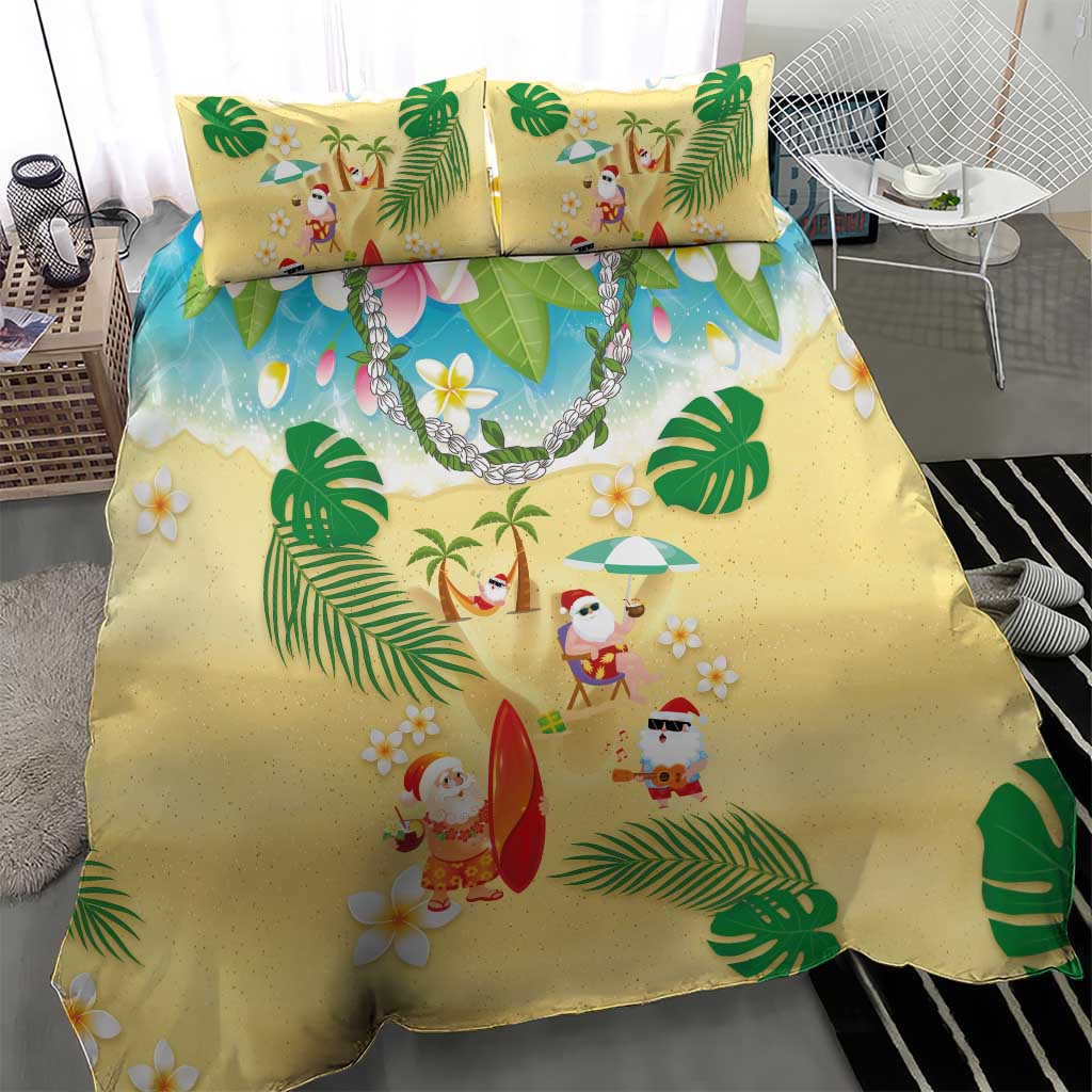 Hawaiian Mele Kalikimaka Bedding Set Tropical Plumeria and Lei Funny Santa Beach - Polynesian Pride
