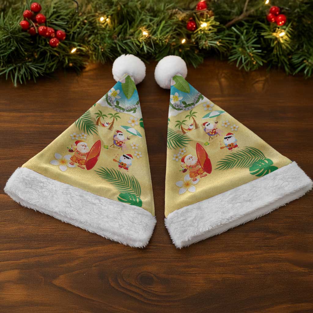 Hawaiian Mele Kalikimaka Christmas Santa Hat Funny Santa Claus on Beach with Tropical Plants and Lei - Polynesian Pride