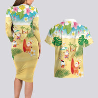 Hawaiian Mele Kalikimaka Couples Matching Long Sleeve Bodycon Dress and Hawaiian Shirt Tropical Plumeria and Lei Funny Santa Beach LT03 - Polynesian Pride