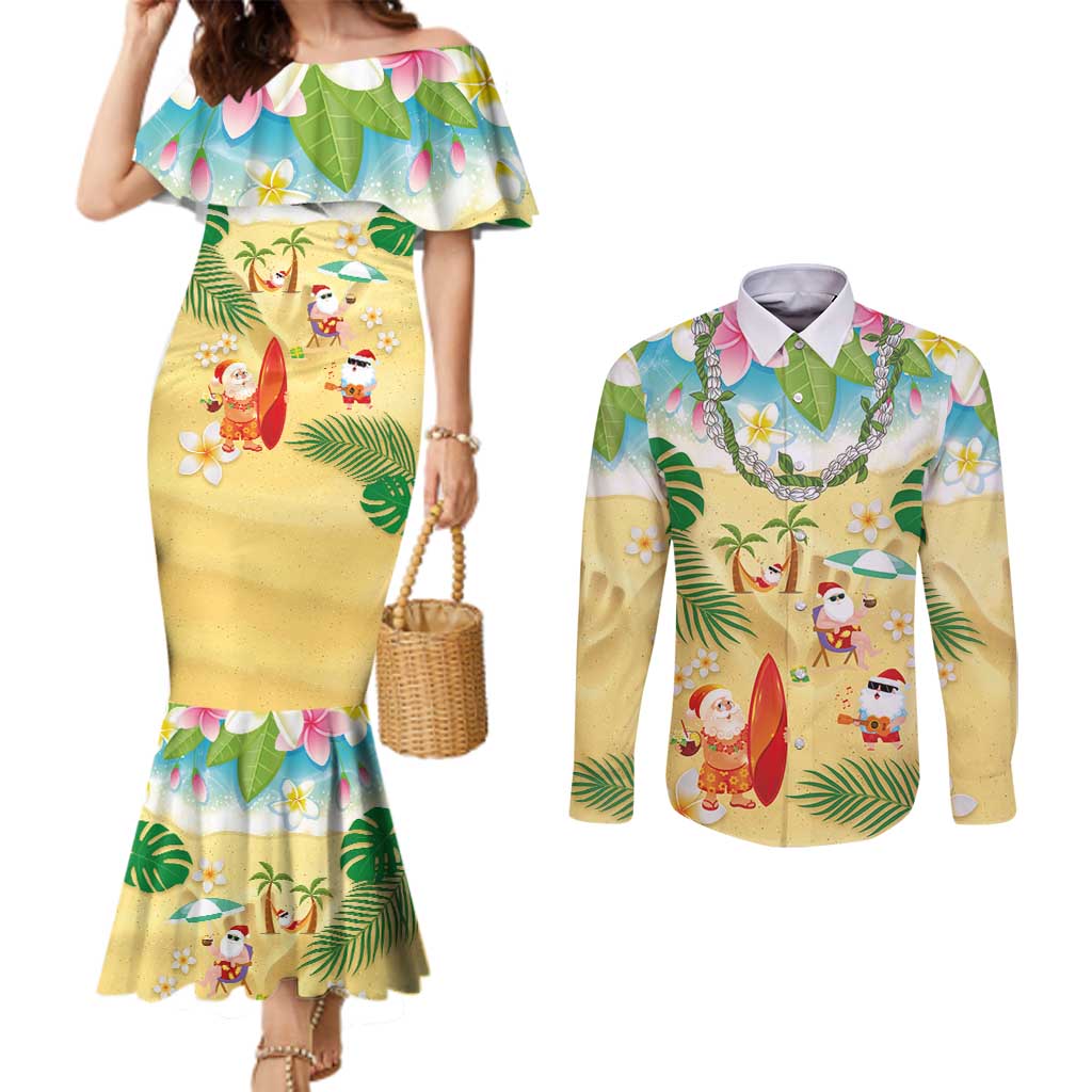 Hawaiian Mele Kalikimaka Couples Matching Mermaid Dress and Long Sleeve Button Shirt Tropical Plumeria and Lei Funny Santa Beach - Polynesian Pride