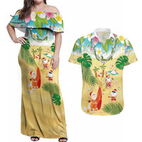Hawaiian Mele Kalikimaka Couples Matching Off Shoulder Maxi Dress and Hawaiian Shirt Tropical Plumeria and Lei Funny Santa Beach LT03 Multicolor - Polynesian Pride