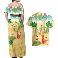 Hawaiian Mele Kalikimaka Couples Matching Off Shoulder Maxi Dress and Hawaiian Shirt Tropical Plumeria and Lei Funny Santa Beach LT03 - Polynesian Pride