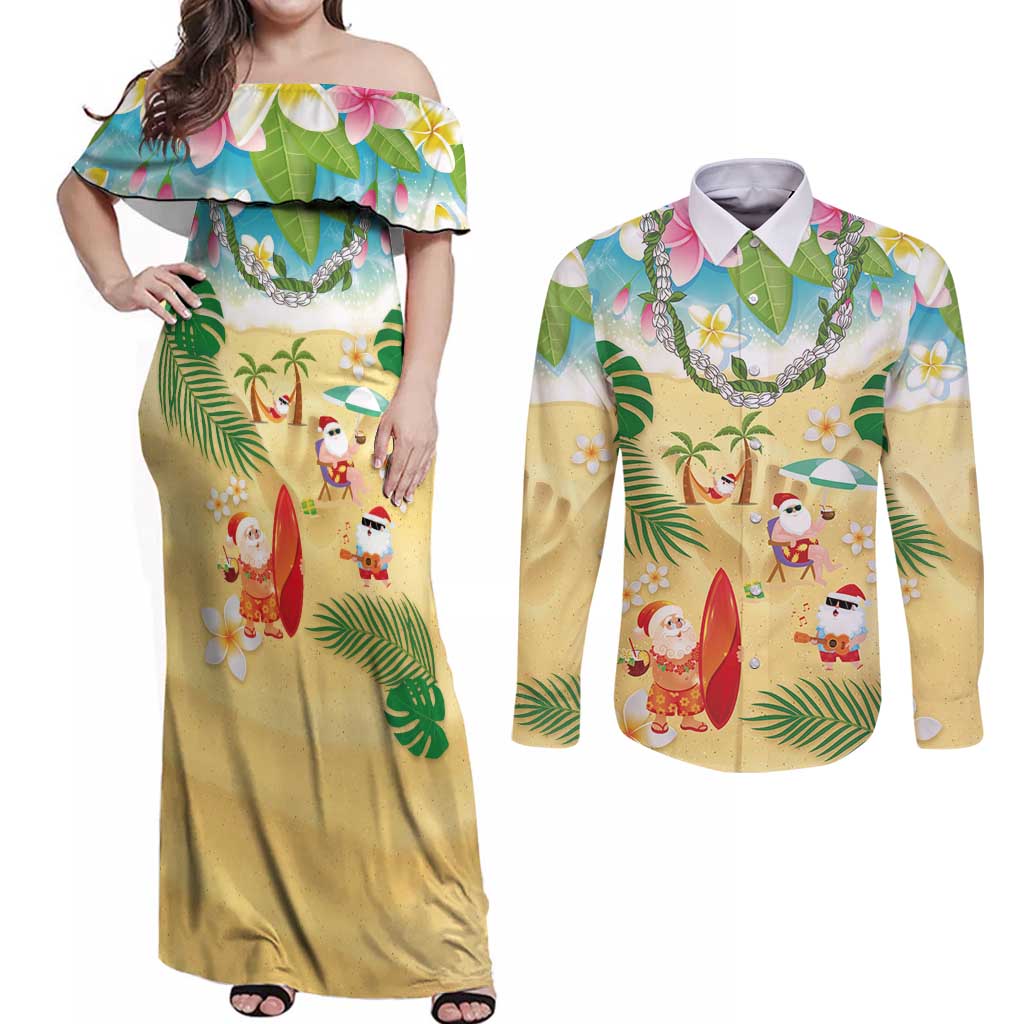 Hawaiian Mele Kalikimaka Couples Matching Off Shoulder Maxi Dress and Long Sleeve Button Shirt Tropical Plumeria and Lei Funny Santa Beach - Polynesian Pride