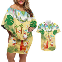 Hawaiian Mele Kalikimaka Couples Matching Off Shoulder Short Dress and Hawaiian Shirt Tropical Plumeria and Lei Funny Santa Beach LT03 Multicolor - Polynesian Pride