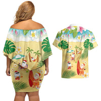 Hawaiian Mele Kalikimaka Couples Matching Off Shoulder Short Dress and Hawaiian Shirt Tropical Plumeria and Lei Funny Santa Beach LT03 - Polynesian Pride