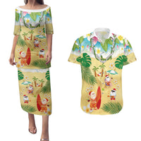 Hawaiian Mele Kalikimaka Couples Matching Puletasi and Hawaiian Shirt Tropical Plumeria and Lei Funny Santa Beach LT03 Multicolor - Polynesian Pride