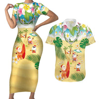 Hawaiian Mele Kalikimaka Couples Matching Short Sleeve Bodycon Dress and Hawaiian Shirt Tropical Plumeria and Lei Funny Santa Beach LT03 Multicolor - Polynesian Pride