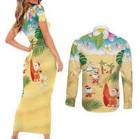 Hawaiian Mele Kalikimaka Couples Matching Short Sleeve Bodycon Dress and Long Sleeve Button Shirt Tropical Plumeria and Lei Funny Santa Beach - Polynesian Pride
