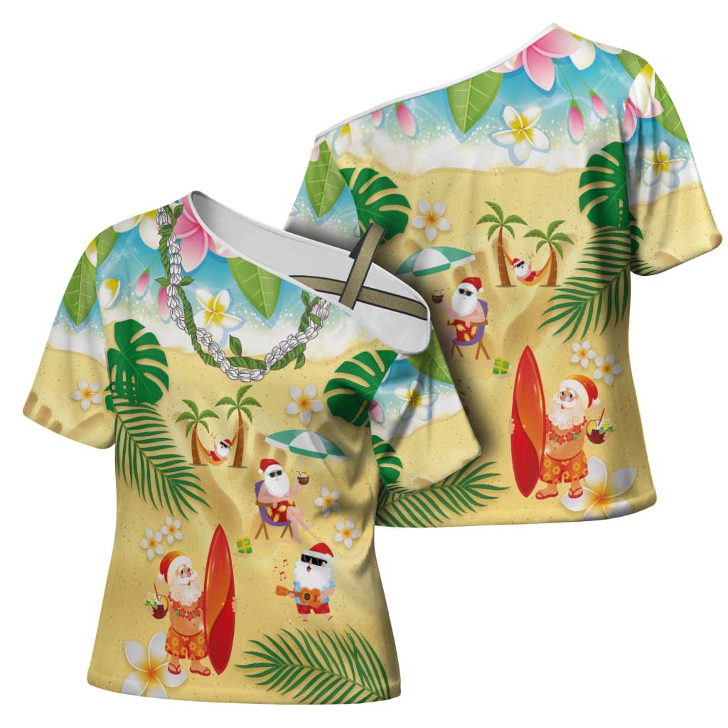 Hawaiian Mele Kalikimaka Cross Shoulder Shirt Tropical Plumeria and Lei Funny Santa Beach - Polynesian Pride