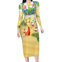 Hawaiian Mele Kalikimaka Family Matching Long Sleeve Bodycon Dress and Hawaiian Shirt Tropical Plumeria and Lei Funny Santa Beach LT03 Mom's Dress Multicolor - Polynesian Pride