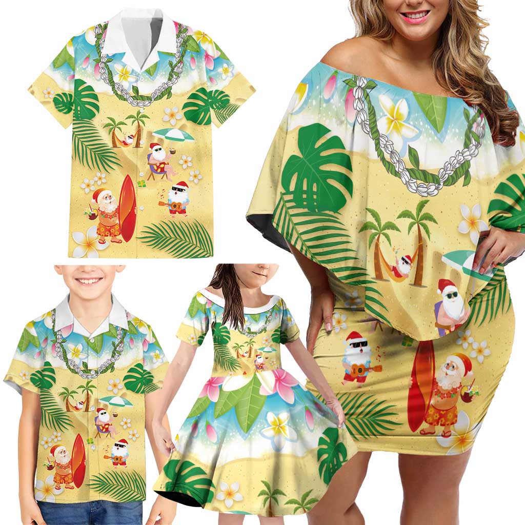 Hawaiian Mele Kalikimaka Family Matching Off Shoulder Short Dress and Hawaiian Shirt Tropical Plumeria and Lei Funny Santa Beach LT03 - Polynesian Pride