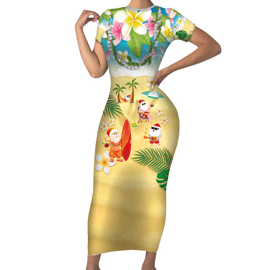 Hawaiian Mele Kalikimaka Family Matching Short Sleeve Bodycon Dress and Hawaiian Shirt Tropical Plumeria and Lei Funny Santa Beach LT03 Mom's Dress Multicolor - Polynesian Pride