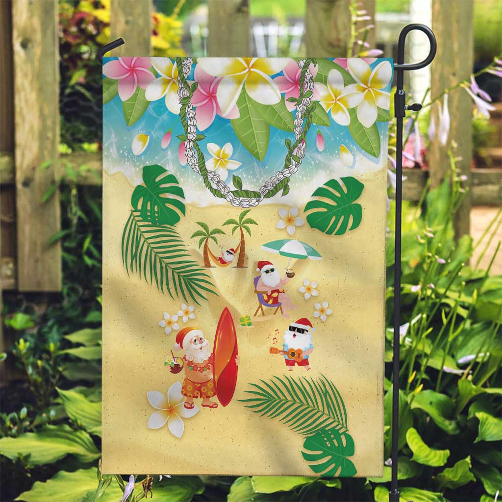 Hawaiian Mele Kalikimaka Garden Flag Tropical Plumeria and Lei Funny Santa Beach - Polynesian Pride