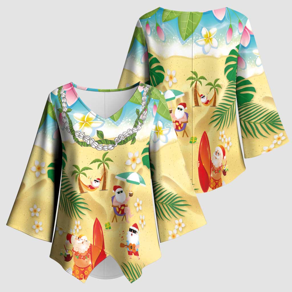 Hawaiian Mele Kalikimaka Kimono Sleeve Blouse Tropical Plumeria and Lei Funny Santa Beach - Polynesian Pride