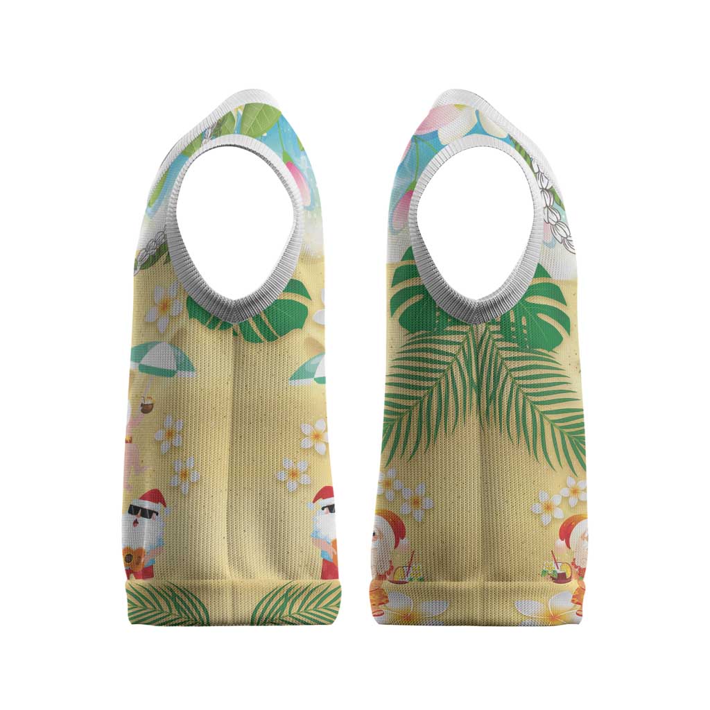 Hawaiian Mele Kalikimaka Christmas Knitted V-Neck Vest Funny Santa Claus on Beach with Tropical Plants and Lei LT03 - Polynesian Pride