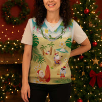 Hawaiian Mele Kalikimaka Christmas Knitted V-Neck Vest Funny Santa Claus on Beach with Tropical Plants and Lei LT03 - Polynesian Pride