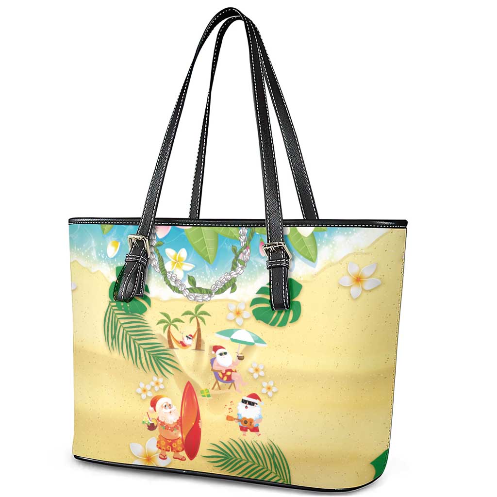 Hawaiian Mele Kalikimaka Leather Tote Bag Tropical Plumeria and Lei Funny Santa Beach - Polynesian Pride