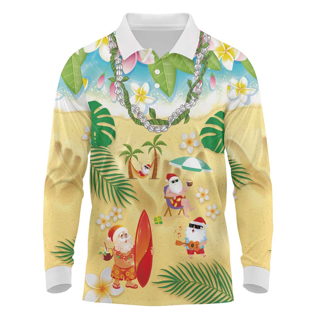 Hawaiian Mele Kalikimaka Long Sleeve Polo Shirt Tropical Plumeria and Lei Funny Santa Beach - Polynesian Pride