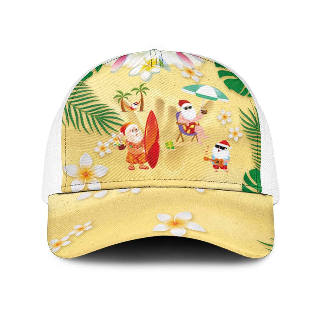 Hawaiian Mele Kalikimaka Mesh Trucker Cap Funny Santa Claus on Beach with Tropical Plants and Lei - Polynesian Pride