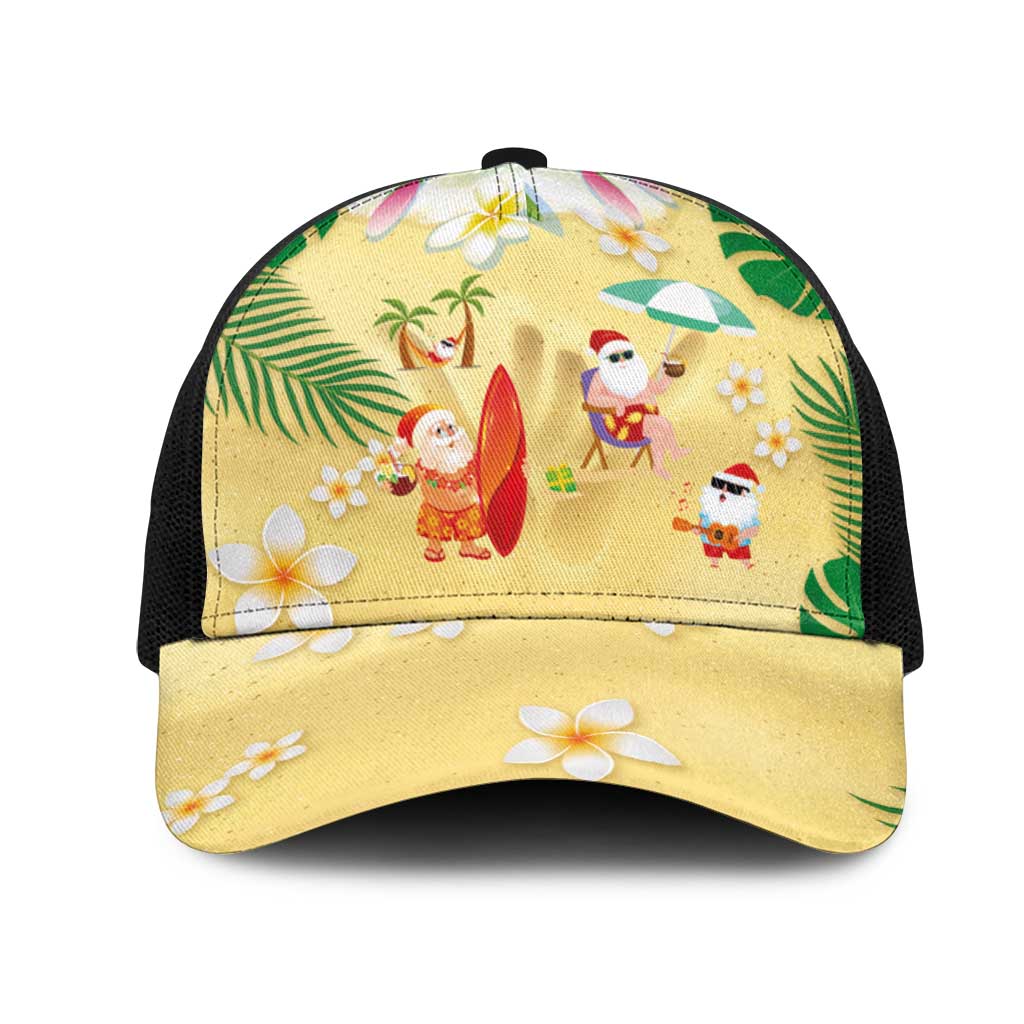 Hawaiian Mele Kalikimaka Mesh Trucker Cap Funny Santa Claus on Beach with Tropical Plants and Lei - Polynesian Pride
