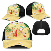 Hawaiian Mele Kalikimaka Mesh Trucker Cap Funny Santa Claus on Beach with Tropical Plants and Lei - Polynesian Pride