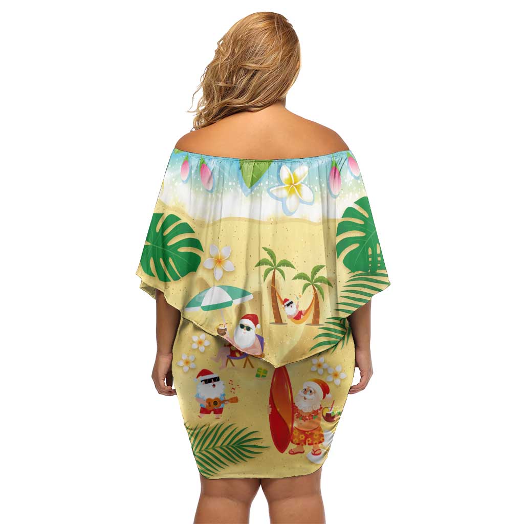Hawaiian Mele Kalikimaka Off Shoulder Short Dress Tropical Plumeria and Lei Funny Santa Beach - Polynesian Pride