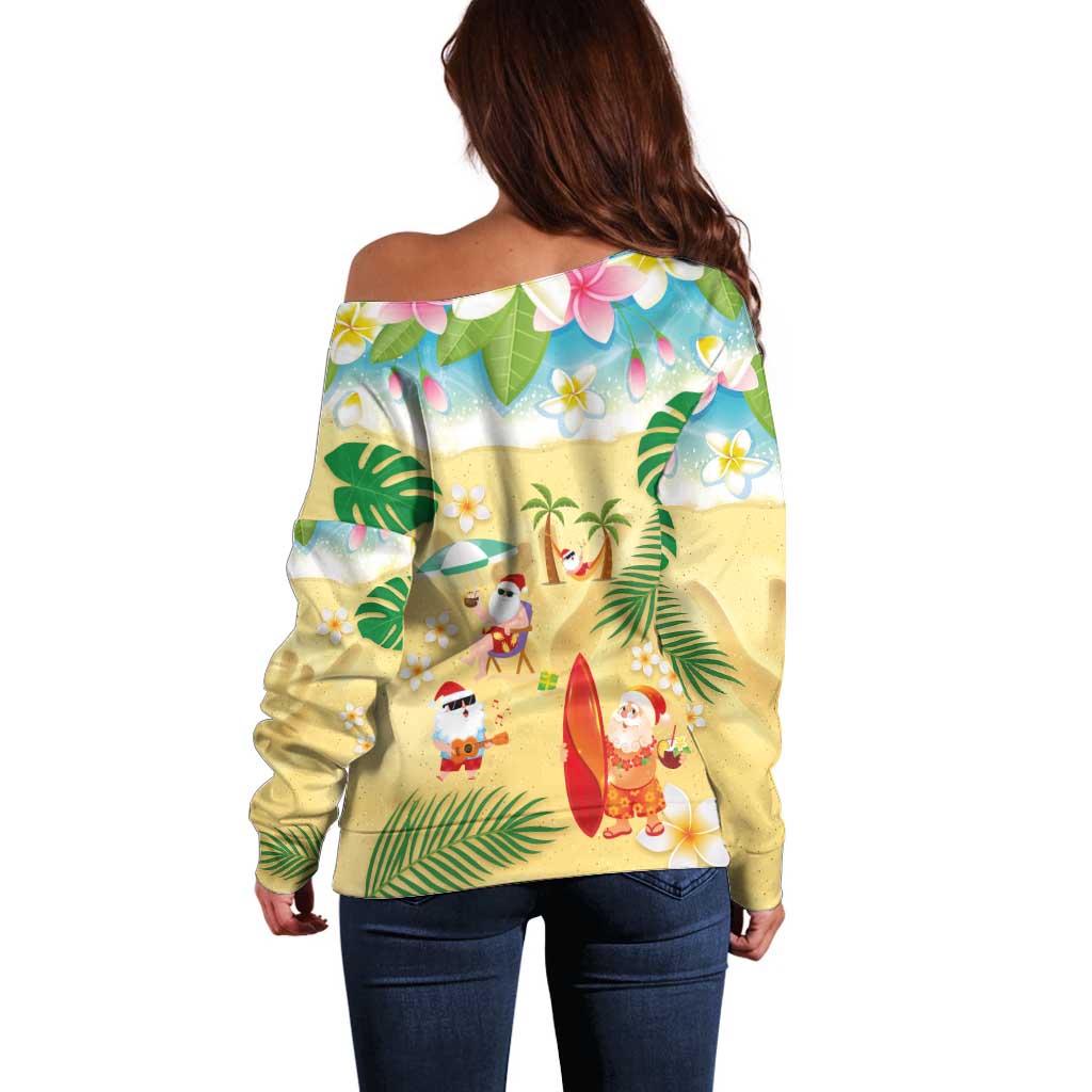 Hawaiian Mele Kalikimaka Off Shoulder Sweater Tropical Plumeria and Lei Funny Santa Beach - Polynesian Pride