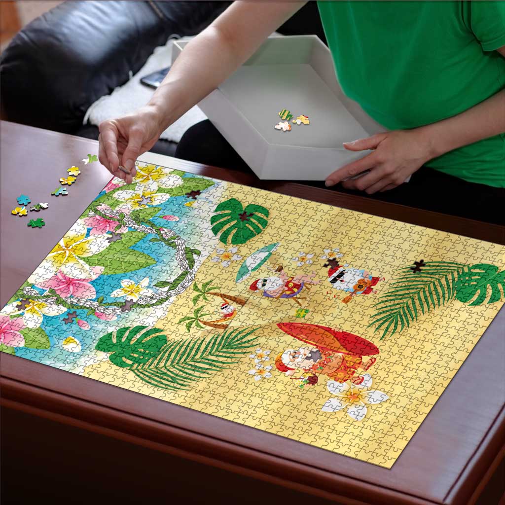 Hawaiian Mele Kalikimaka Puzzle Tropical Plumeria and Lei Funny Santa Beach - Polynesian Pride