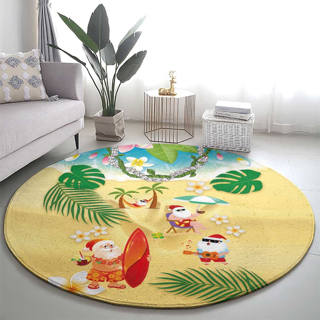 Hawaiian Mele Kalikimaka Round Carpet Tropical Plumeria and Lei Funny Santa Beach - Polynesian Pride