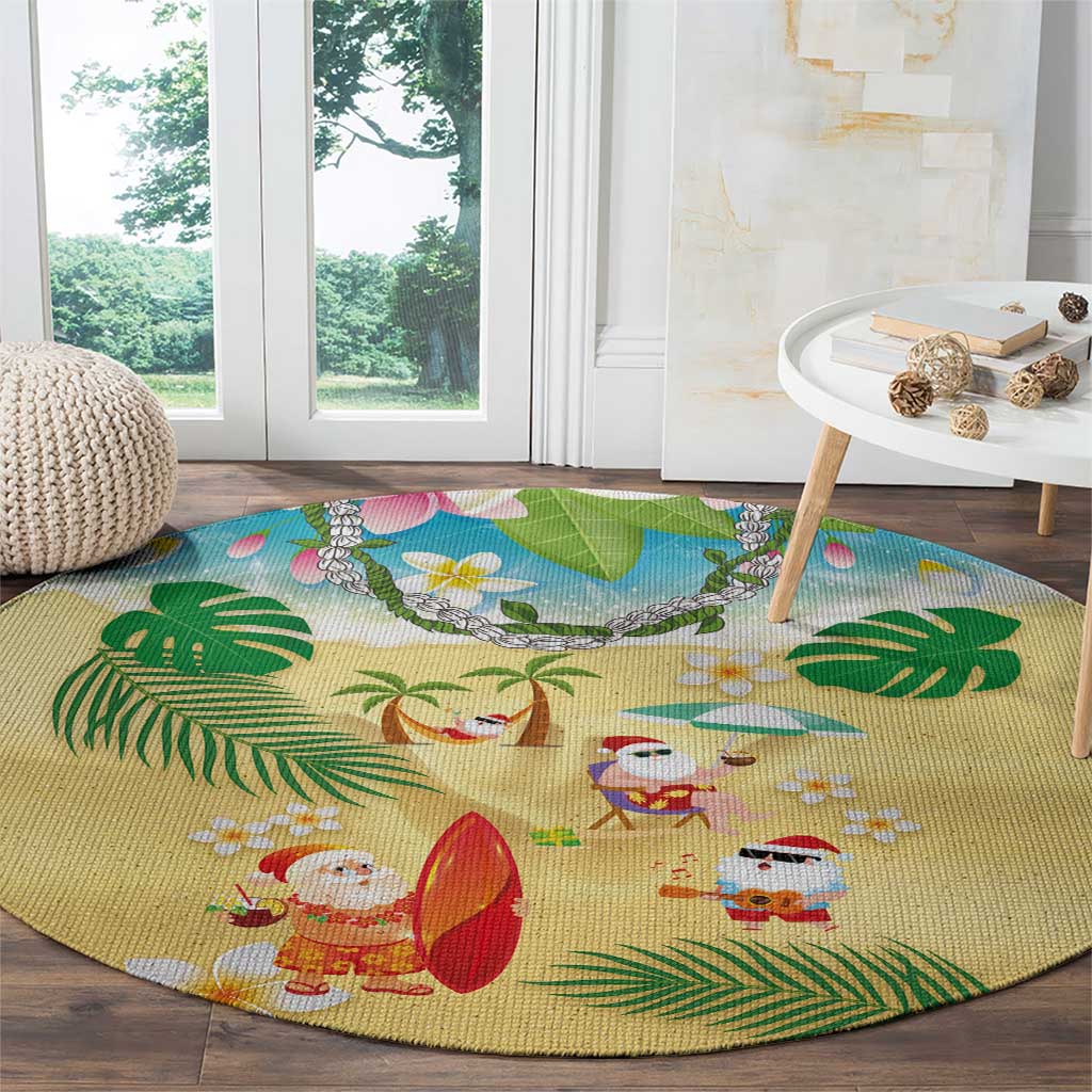 Hawaiian Mele Kalikimaka Round Carpet Tropical Plumeria and Lei Funny Santa Beach - Polynesian Pride