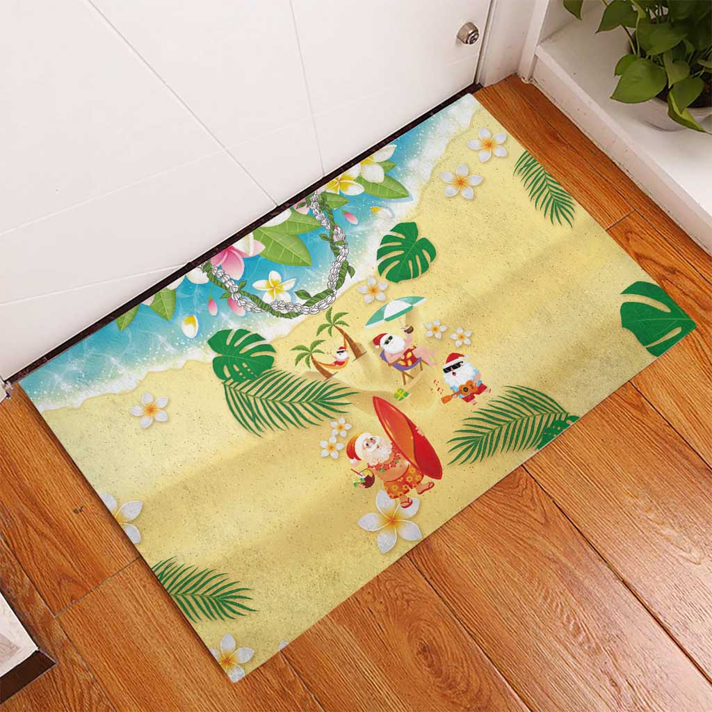 Hawaiian Mele Kalikimaka Rubber Doormat Tropical Plumeria and Lei Funny Santa Beach - Polynesian Pride