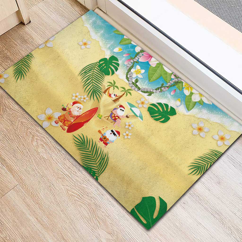 Hawaiian Mele Kalikimaka Rubber Doormat Tropical Plumeria and Lei Funny Santa Beach - Polynesian Pride