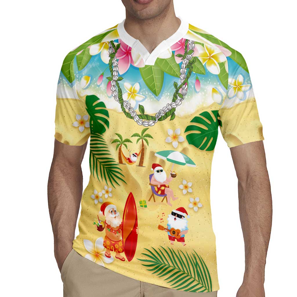 Hawaiian Mele Kalikimaka Rugby Jersey Tropical Plumeria and Lei Funny Santa Beach - Polynesian Pride