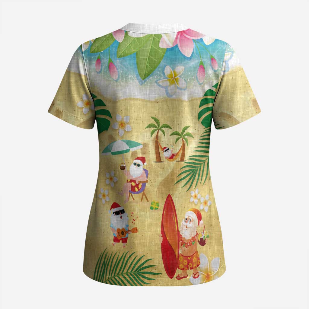 Hawaiian Mele Kalikimaka Scrub Top Tropical Plumeria and Lei Funny Santa Beach - Polynesian Pride