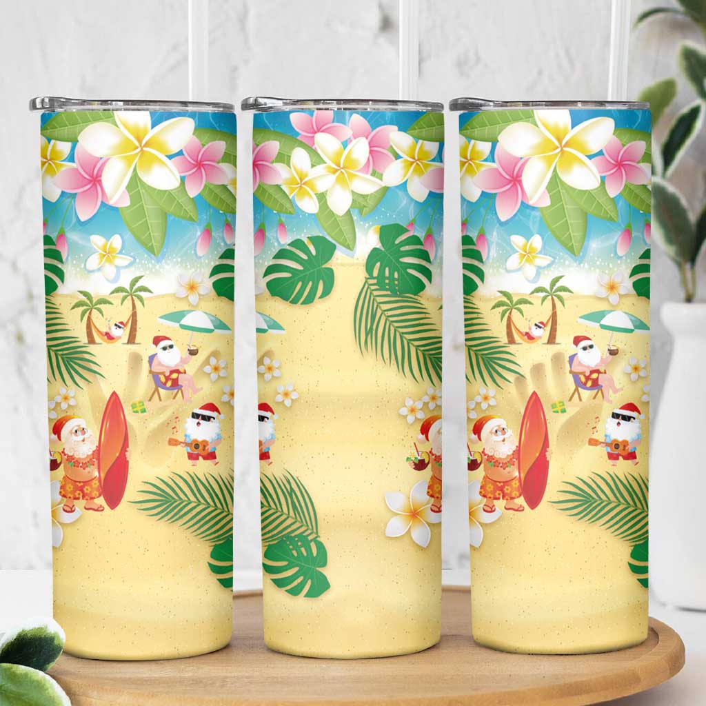 Hawaiian Mele Kalikimaka Skinny Tumbler Tropical Plumeria and Lei Funny Santa Beach - Polynesian Pride