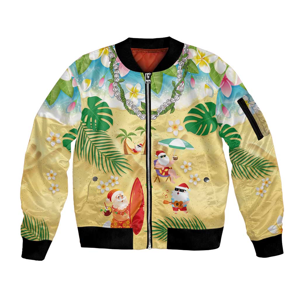 Hawaiian Mele Kalikimaka Sleeve Zip Bomber Jacket Tropical Plumeria and Lei Funny Santa Beach - Polynesian Pride