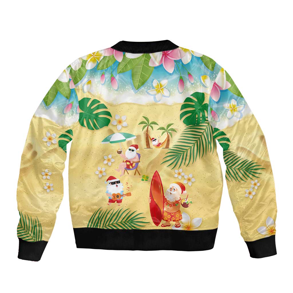 Hawaiian Mele Kalikimaka Sleeve Zip Bomber Jacket Tropical Plumeria and Lei Funny Santa Beach - Polynesian Pride