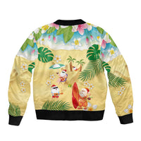 Hawaiian Mele Kalikimaka Sleeve Zip Bomber Jacket Tropical Plumeria and Lei Funny Santa Beach - Polynesian Pride