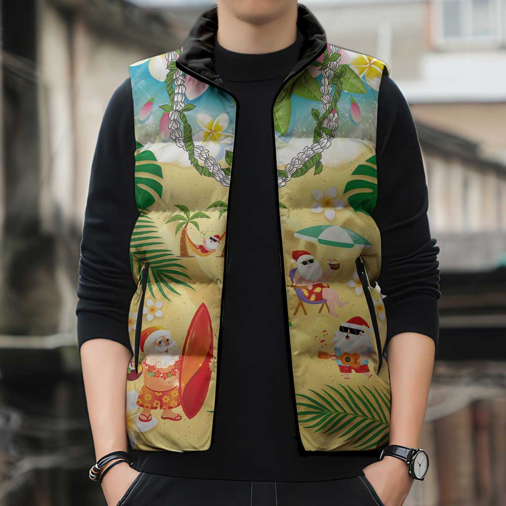 Hawaiian Mele Kalikimaka Sleeveless Puffer Jacket Tropical Plumeria and Lei Funny Santa Beach - Polynesian Pride
