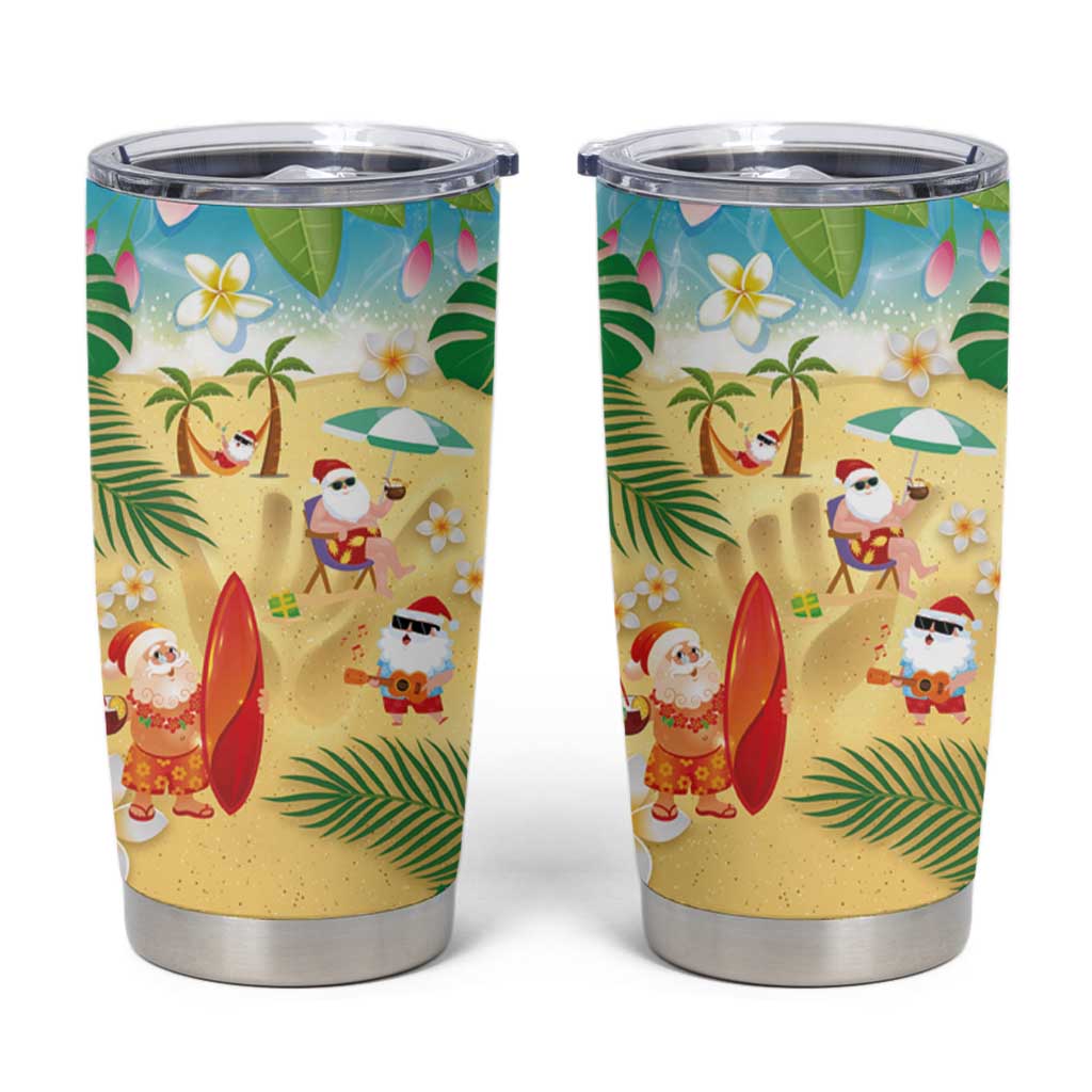 Hawaiian Mele Kalikimaka Tumbler Cup Tropical Plumeria and Lei Funny Santa Beach - Polynesian Pride