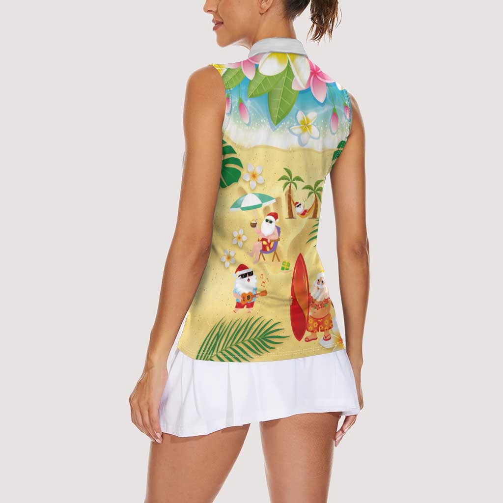 Hawaiian Mele Kalikimaka Women Sleeveless Polo Shirt Tropical Plumeria and Lei Funny Santa Beach - Polynesian Pride