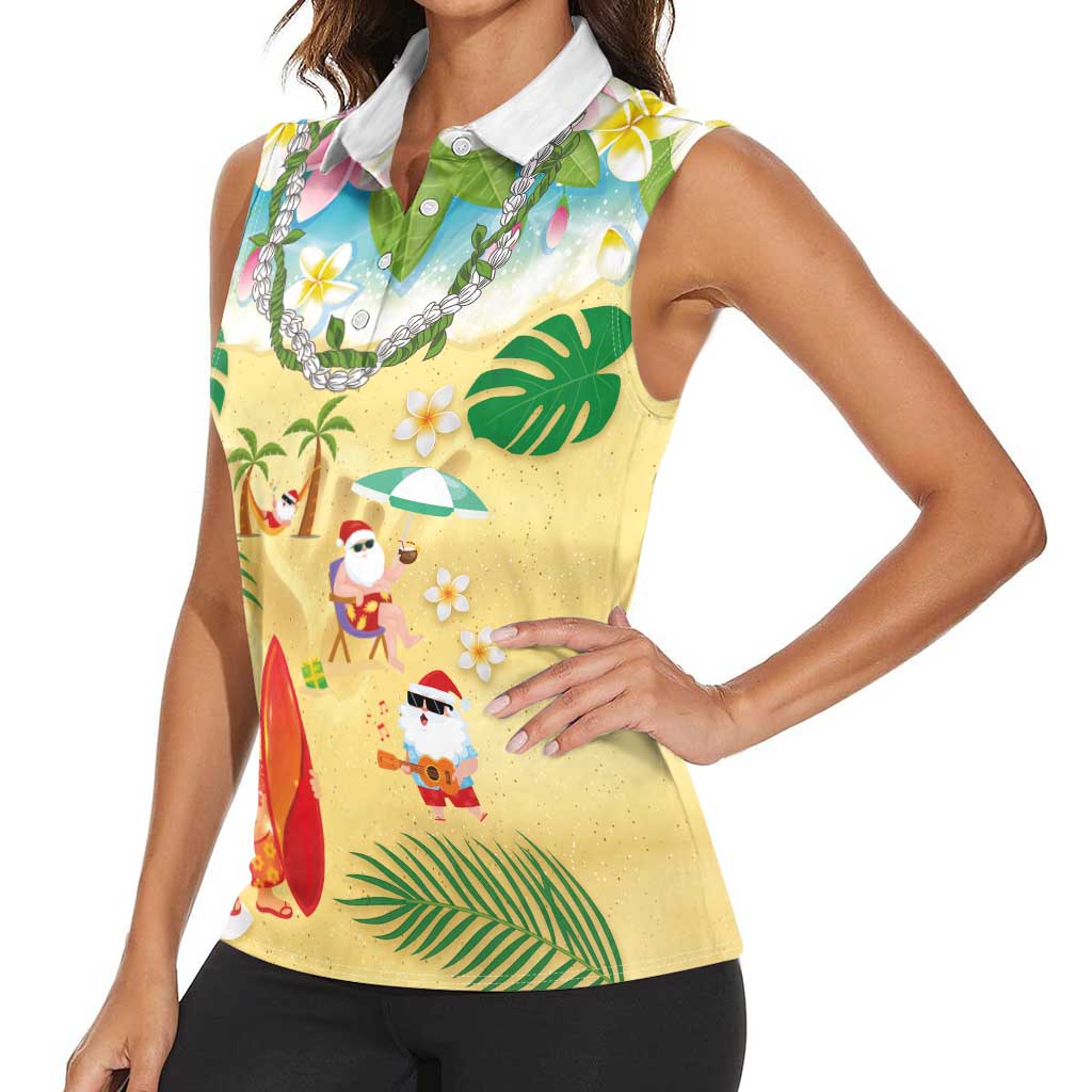 Hawaiian Mele Kalikimaka Women Sleeveless Polo Shirt Tropical Plumeria and Lei Funny Santa Beach - Polynesian Pride