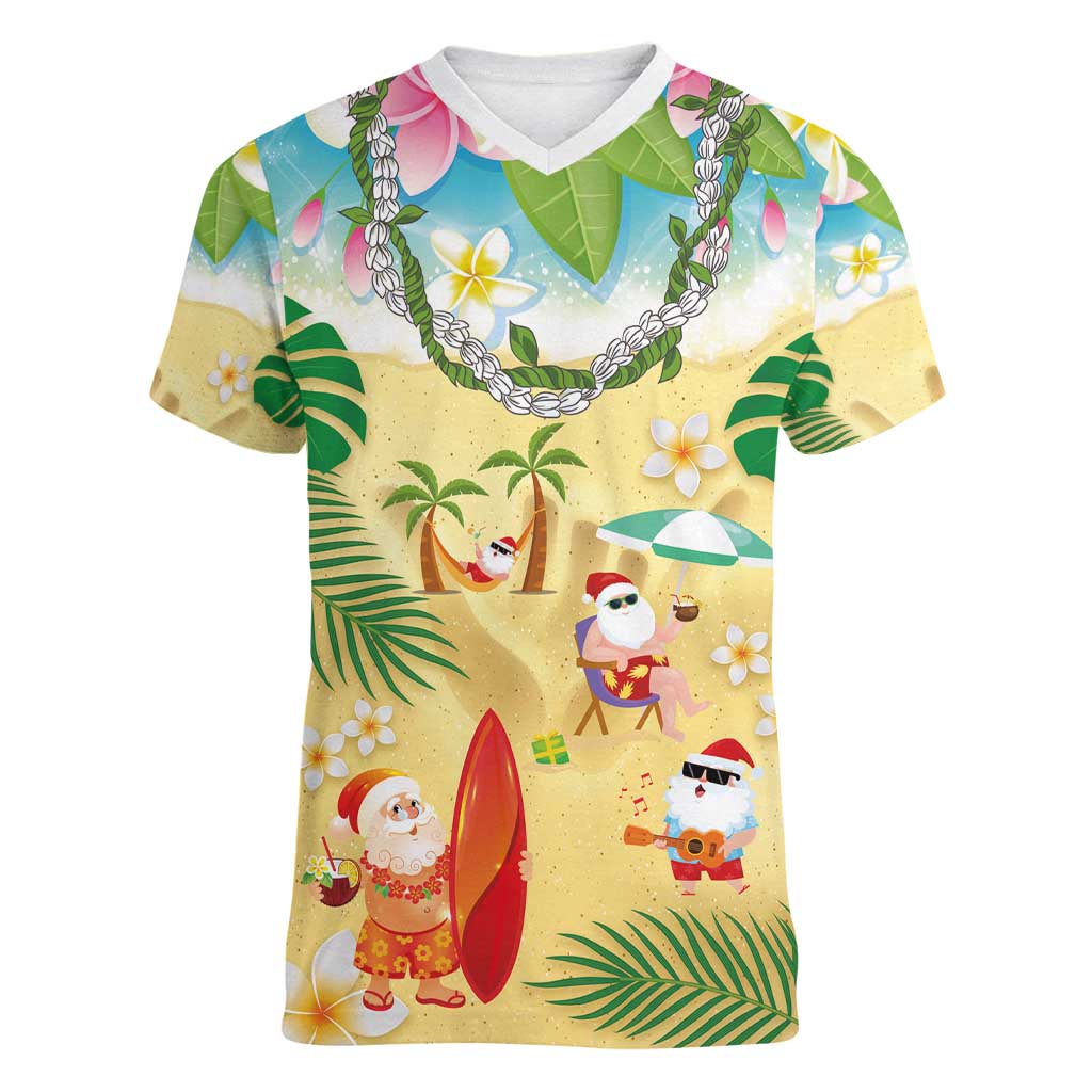 Hawaiian Mele Kalikimaka Women V-Neck T-Shirt Tropical Plumeria and Lei Funny Santa Beach - Polynesian Pride