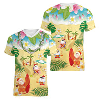 Hawaiian Mele Kalikimaka Women V-Neck T-Shirt Tropical Plumeria and Lei Funny Santa Beach - Polynesian Pride