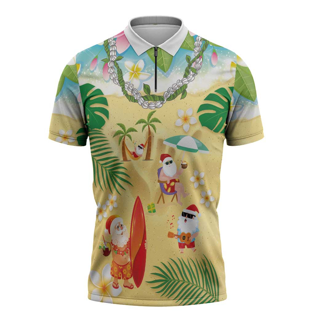 Hawaiian Mele Kalikimaka Zipper Polo Shirt Tropical Plumeria and Lei Funny Santa Beach - Polynesian Pride