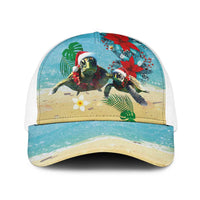 Hawaiian Mele Kalikimaka Baseball Net Cap Xmas Turtles and Tropical Plants with Red Poinsettia Watercolor Style - Polynesian Pride