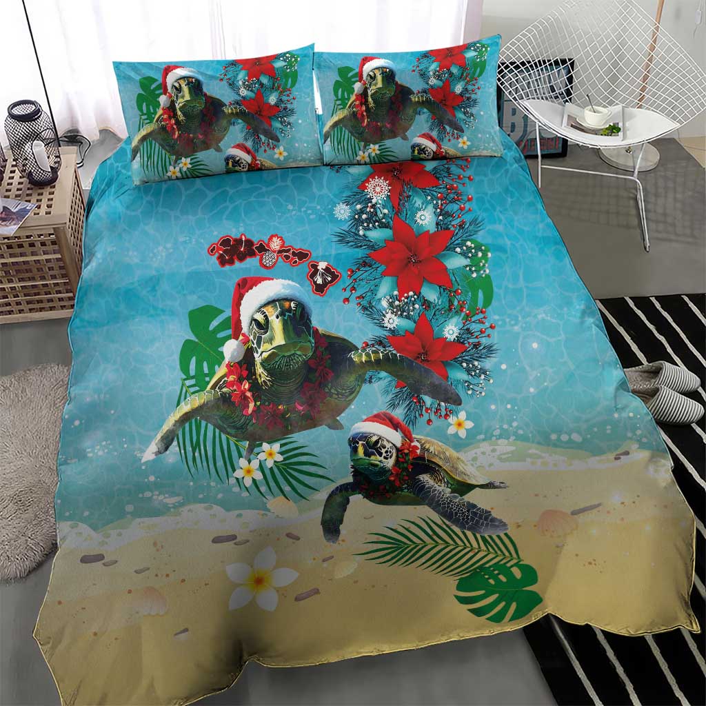 Hawaiian Mele Kalikimaka Bedding Set Tropical Xmas Turtles Red Poinsettia Watercolor - Polynesian Pride