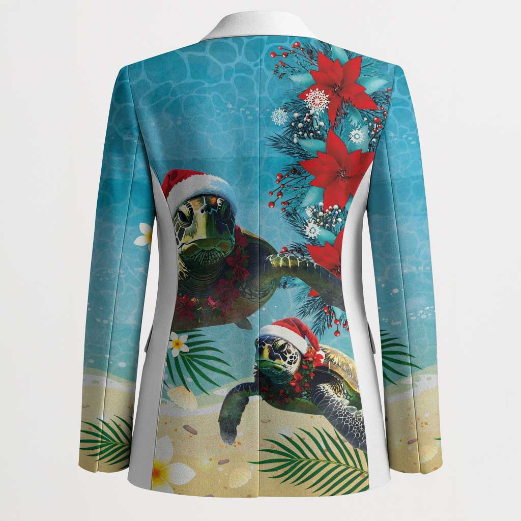 Hawaiian Mele Kalikimaka Blazer Tropical Xmas Turtles Red Poinsettia Watercolor - Polynesian Pride