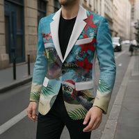 Hawaiian Mele Kalikimaka Blazer Tropical Xmas Turtles Red Poinsettia Watercolor - Polynesian Pride